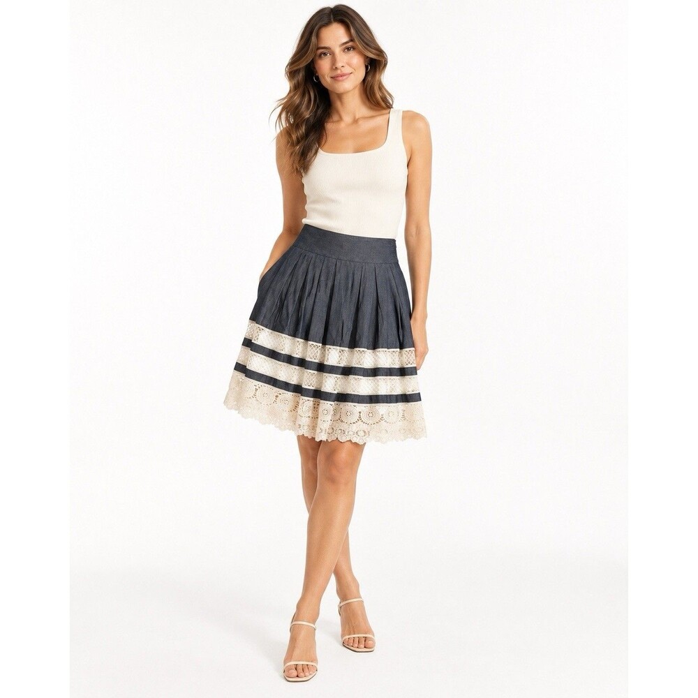Ann Taylor Denim Chambray Pleated Lace Trim Skirt Size 10 NWT Girly Coquette